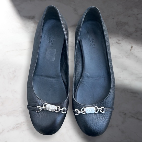Gucci Black Leather Cellarius Silver Hardware Ballet Flats Sz 35 5 / 5.5 - Picture 1 of 15